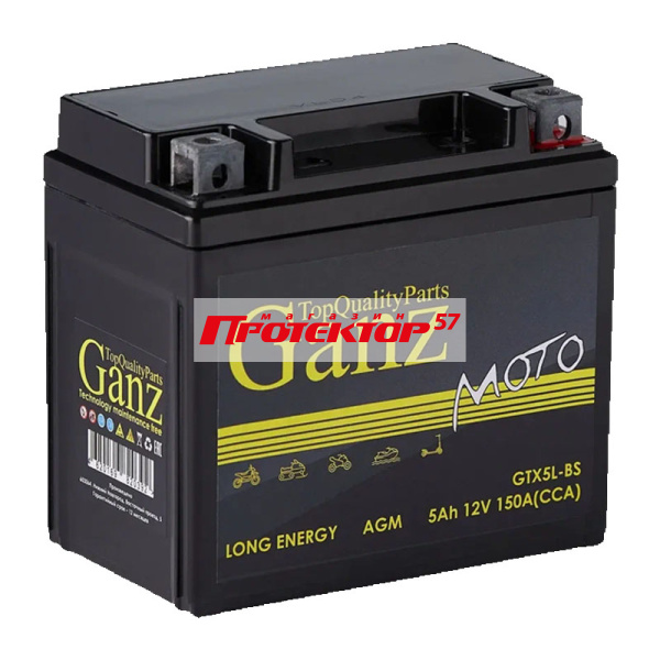Аккумулятор GANZ AGM 5 А/ч R+ обратная EN150A 114x69x109 Болтовые мото