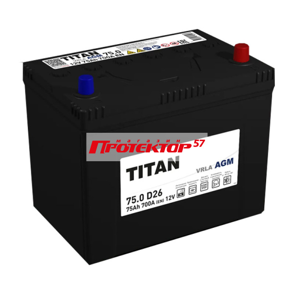 Аккумулятор Titan AGM Stop&Go 75 А/ч R+ Обратная полярность EN650A 258x175x223 Стандартные